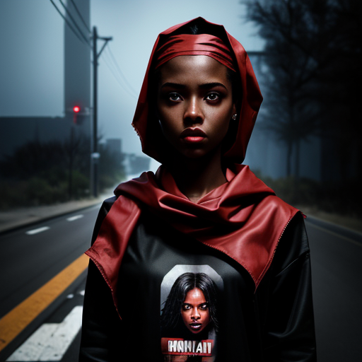 She wears a Bloods t-shirt and a red bandana on her head, showcasing her affiliation in the blood gang.