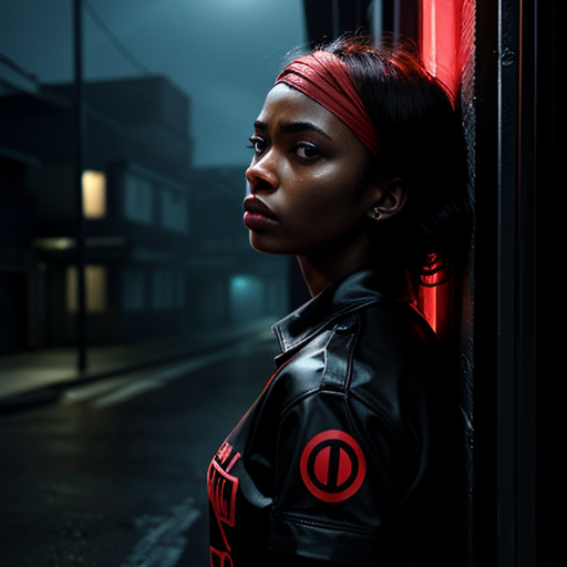 a young woman in the blood gang standing in front of a dimly lit street, her face heavy with worry.