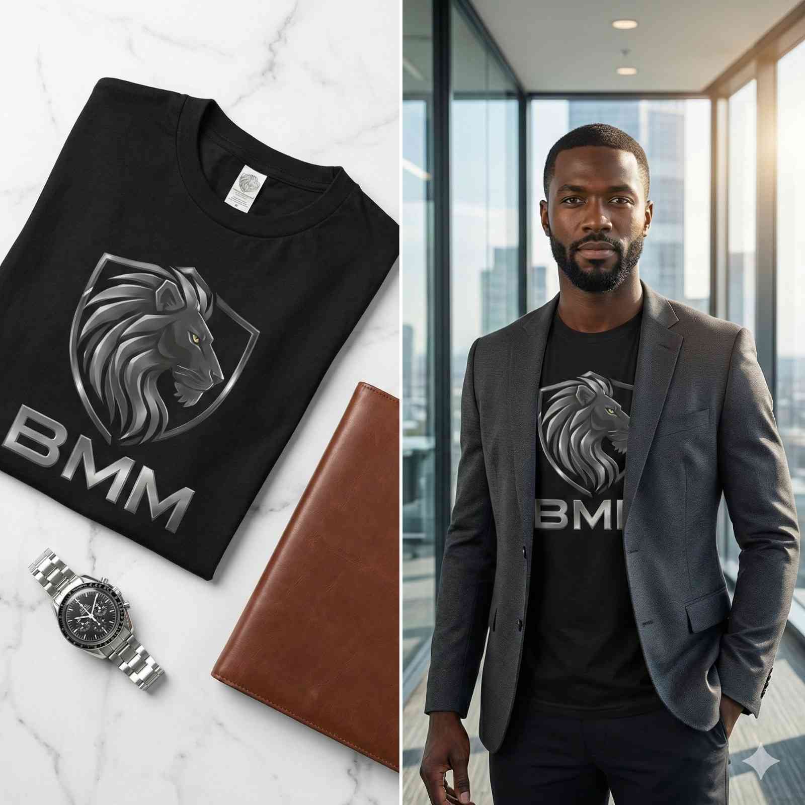 A collage showing a heavyweight black BMM Lion Shield t-shirt in a clean flat lay with luxury accessories, and a man wearing the tee under a blazer in a high-end corporate setting.