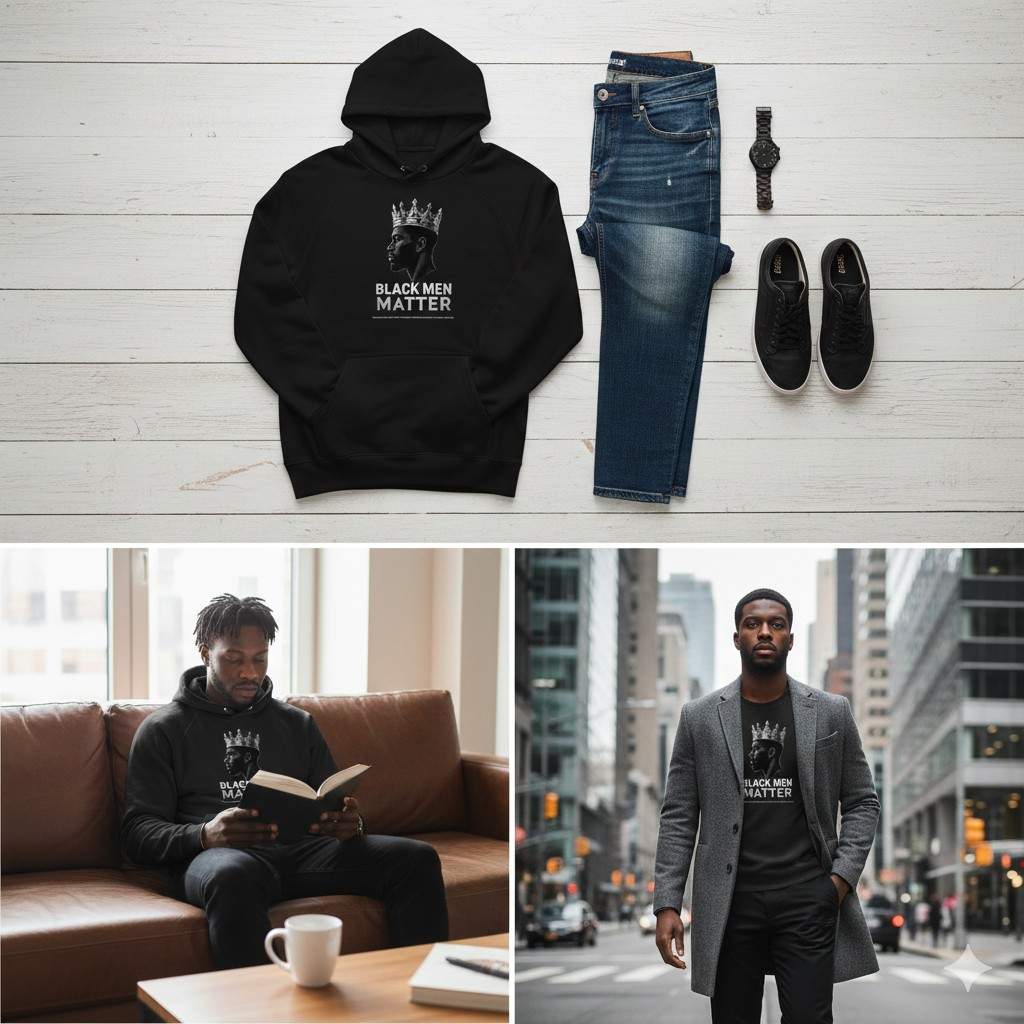 Three-panel image showing a flat lay of the Crowned King hoodie with denim, a man reading on a leather sofa wearing the hoodie, and a man in a grey overcoat walking through a city center.