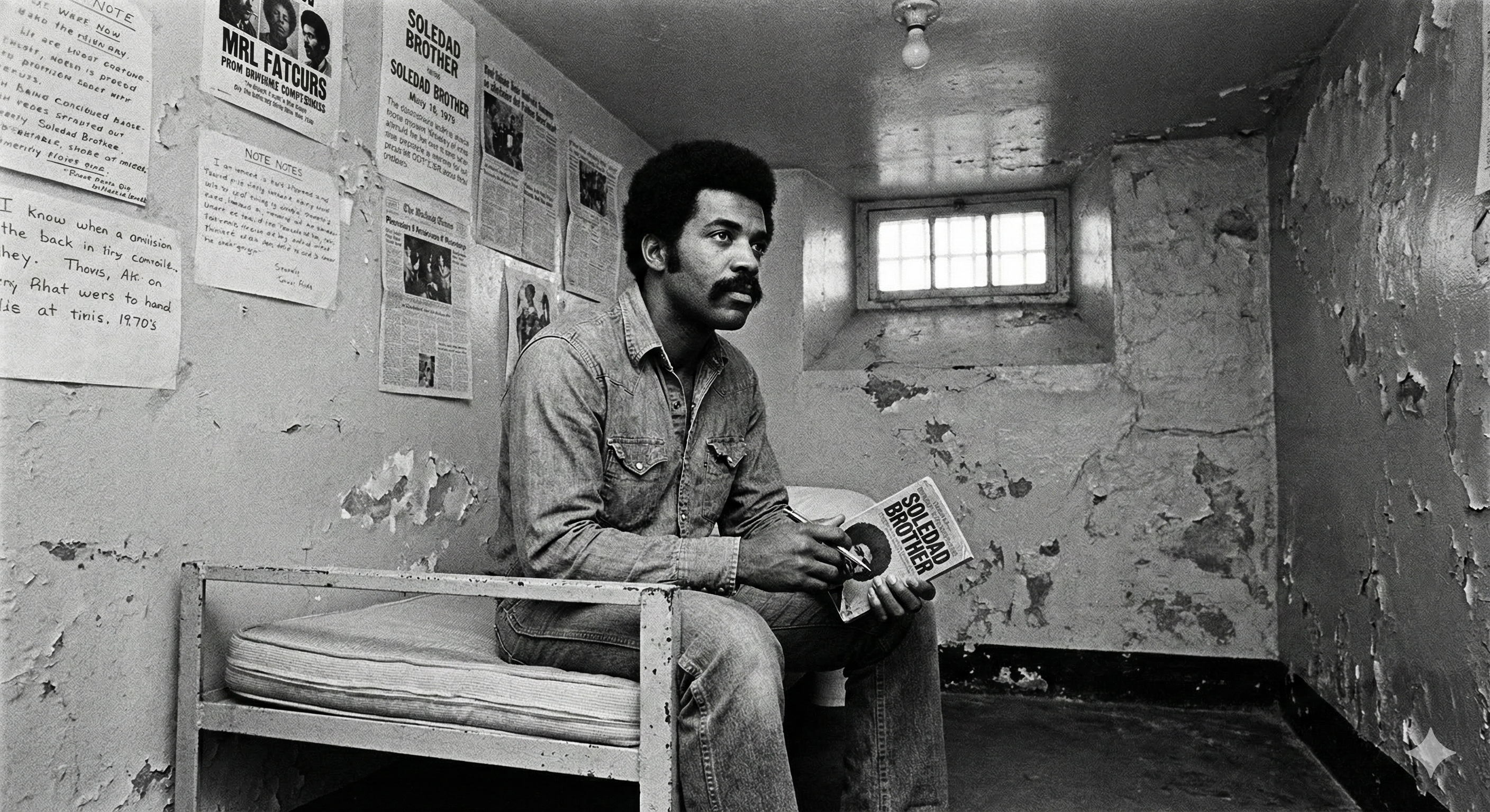 A gritty, documentary-style photograph from the 1970s inside a cramped, dimly lit prison cell. A Black man with a thick mustache and afro, resembling George Jackson, sits on a metal bunk, wearing a denim uniform. He holds a worn paperback book titled "Soledad Brother" in one hand and a pen in the other, looking pensively at a small, barred window. The stone walls are covered in handwritten notes and political posters.