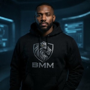 confident Black man in a high-tech modern command center, wearing a premium black streetwear hoodie. 3