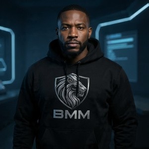 confident Black man in a high-tech modern command center, wearing a premium black streetwear hoodie. 4