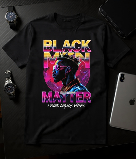 A collage featuring a flat lay of the "Power. Legacy. Vision." black heavyweight t-shirt and a man wearing the tee in a high-tech, futuristic office environment. 2