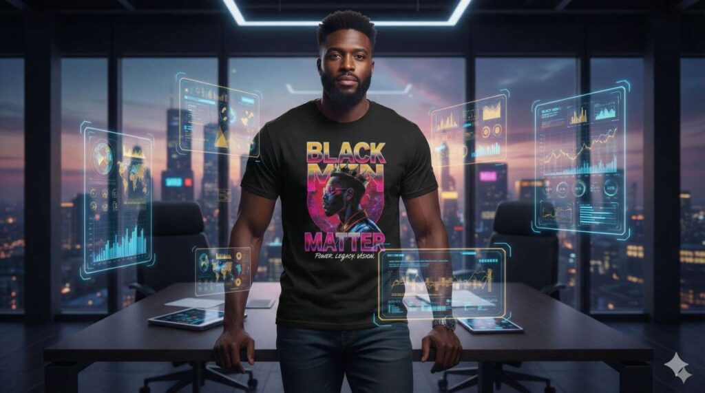 A confident Black man standing in a high-tech office wearing the Black Men Matter Power Legacy Vision Heavyweight Tee, featuring a retro-futuristic graphic of a crowned king.