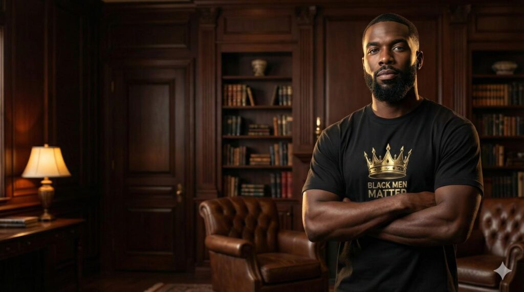 Black man in his late 30s with a sharp beard and focused gaze, wearing the 'Black Men Matter Crowned King Heavyweight Tee' in matte black.