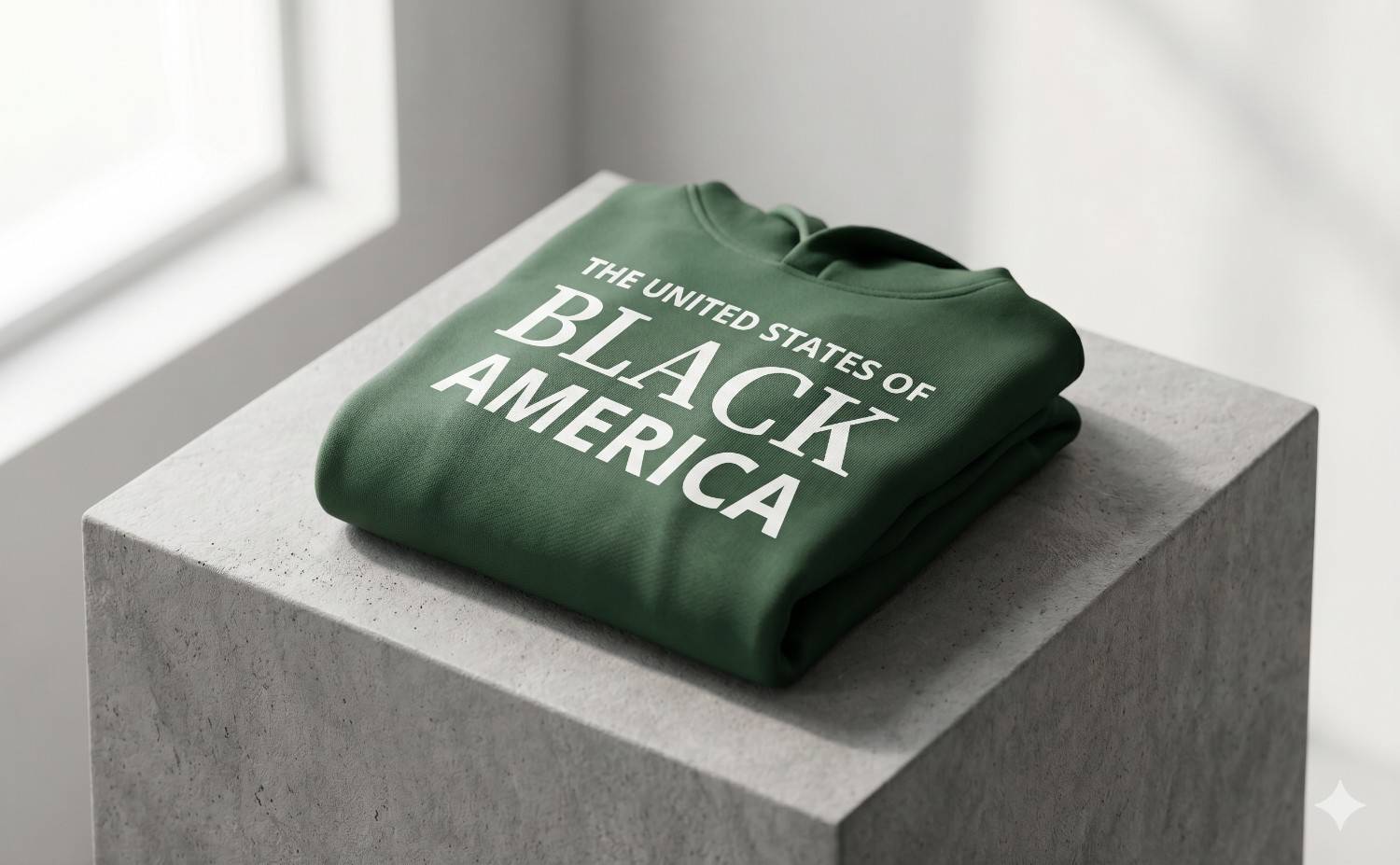 Premium heavyweight black Heritage Armor hoodie from the United States of Black America collection, displayed as a clean flat-lay asset on a raw concrete architectural pillar template block