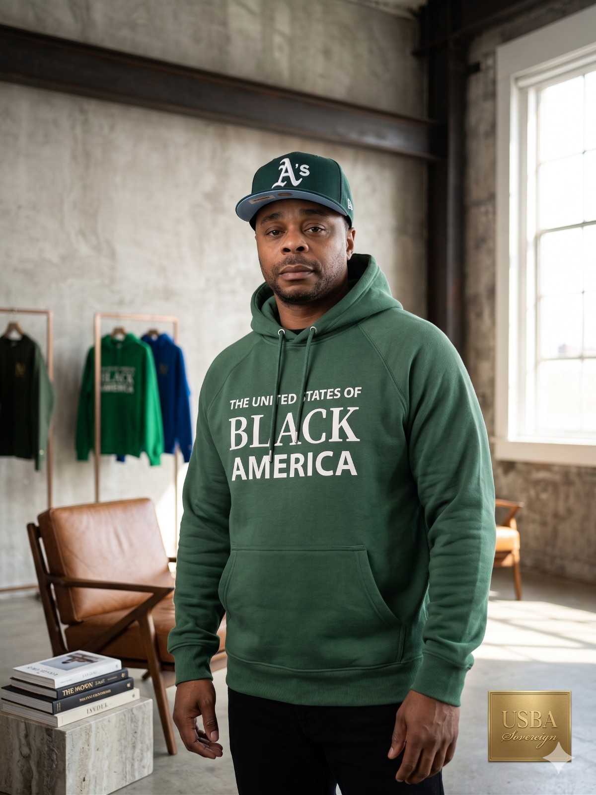 A man in a premium green heavyweight pullover hoodie with "THE UNITED STATES OF BLACK AMERICA" in bold white text, wearing a green Oakland A's baseball cap, standing in a minimalist loft studio with clothing racks in the background.