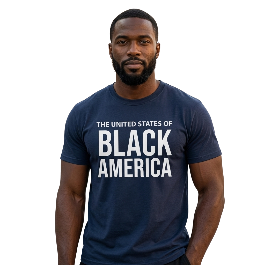 Confident Black king wearing navy Sovereign Kings Tee with bold white "THE UNITED STATES OF BLACK AMERICA" text, heavyweight cotton, premium unisex fit, FBA pride apparel