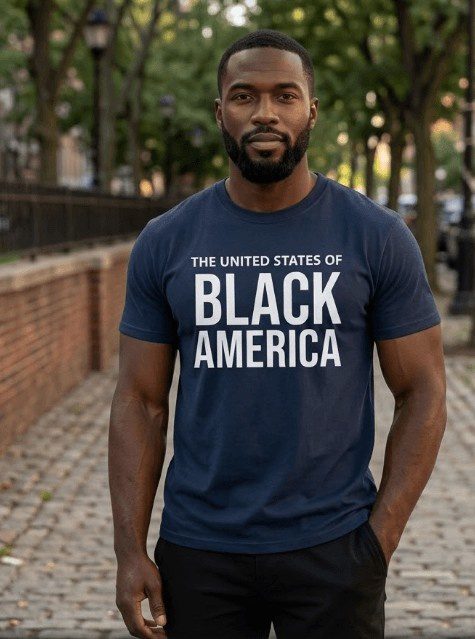 A man wearing a navy blue heavyweight cotton t-shirt with "THE UNITED STATES OF BLACK AMERICA" printed across the chest in bold, white uppercase typography.