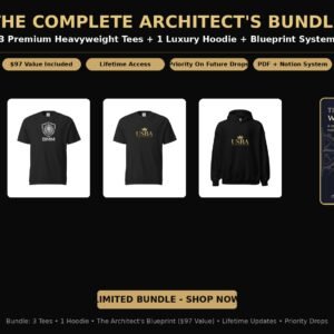 • 3 Premium Heavyweight Tees (USBA Crest, Lion Shield, Architect) • 1 Heritage / Crest Heavyweight Hoodie • The Architect’s Blueprint ($97 value) – full PDF + Notion system • Lifetime access to the Blueprint • Priority on future drops